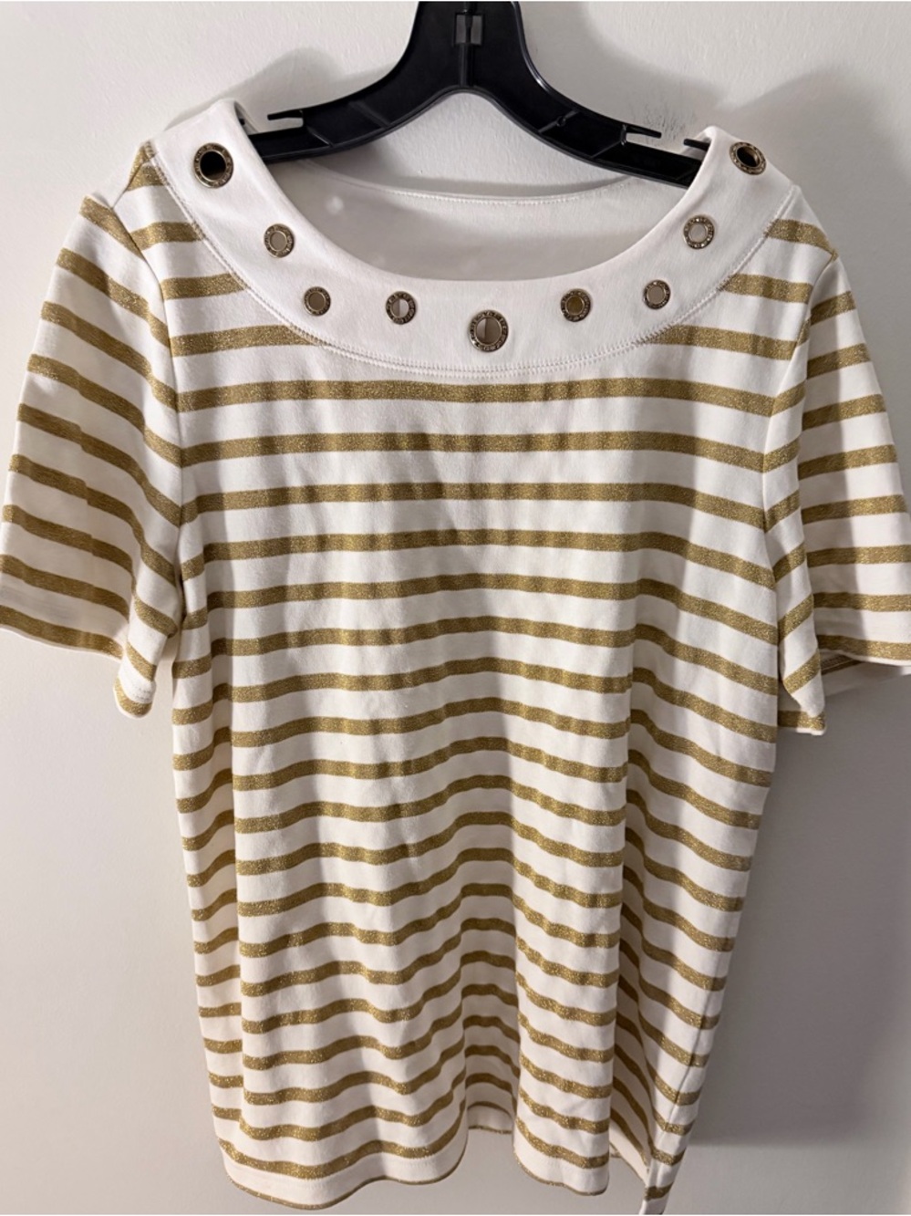 Quacker Factory‎ Women’s Nautical Gold And White Striped Shirt Size Large